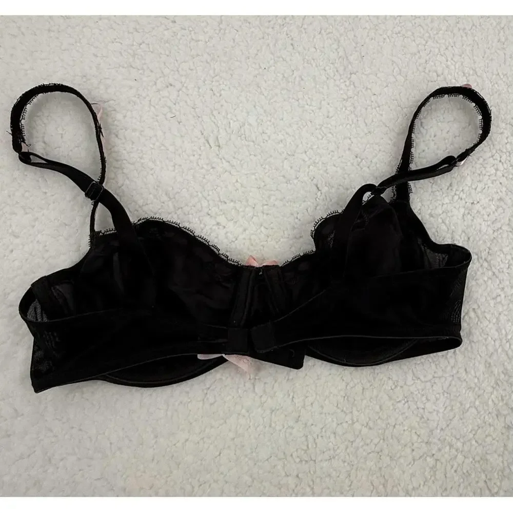 Victorias Secret Black Underwire Pink Ribbon Adjustable Straps Lace Bra Size 36B - Picture 2 of 6